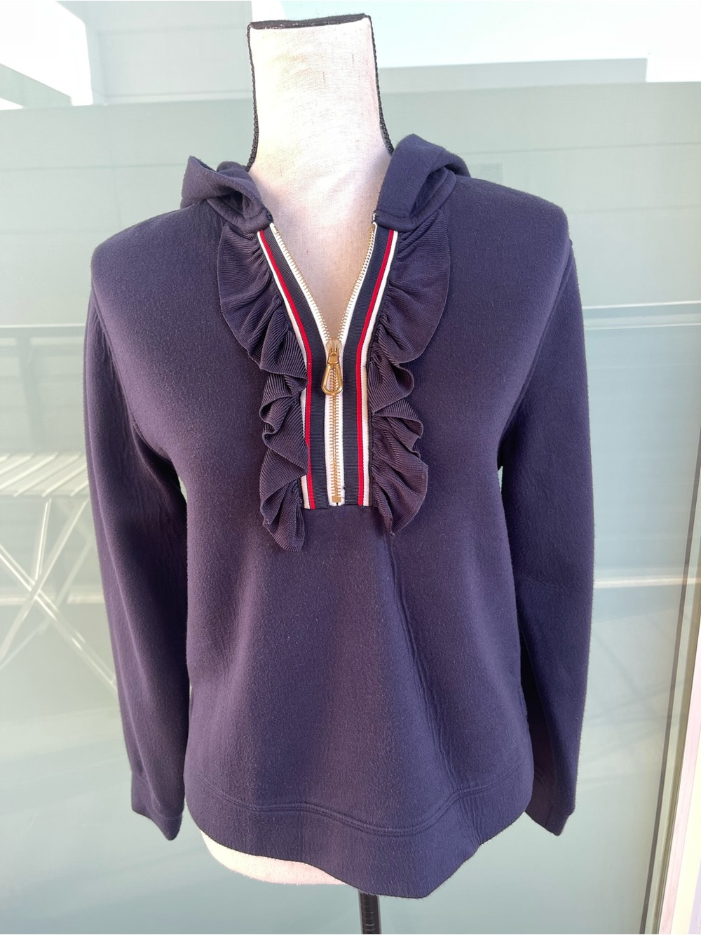 Sandro Paris Navy Blue Quarter Zip Hoodie Ruffle Detail Small